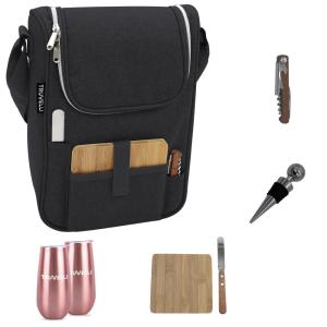 Bolsa Térmica para Vinho Truvelli Black - Kit Picnic Portátil para 2 Garrafas de Vinho com Queijo - À Prova d'Água - Acessórios