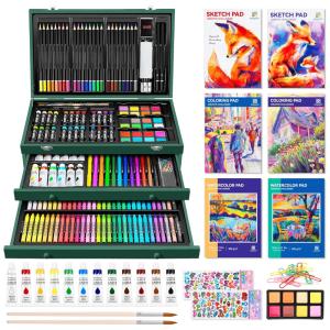 Kit Lápis de Cor Profissional com Maleta de Madeira 146 peças Tintas Acrílicas, Aquarela, POPYOLA POACASWD22146, Marrom