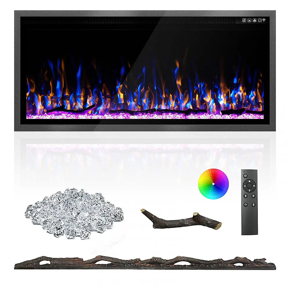 Lareira Elétrica Kucreiheat 107x49cm 1500W Chamas LED 12 Cores Embutir 110V