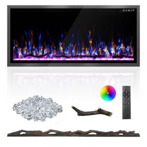 Lareira Elétrica de 107 cm, Ultrafina, Embutida ou de Parede, Troncos, Madeira Flutuante ou Cristais, Controle Remoto
