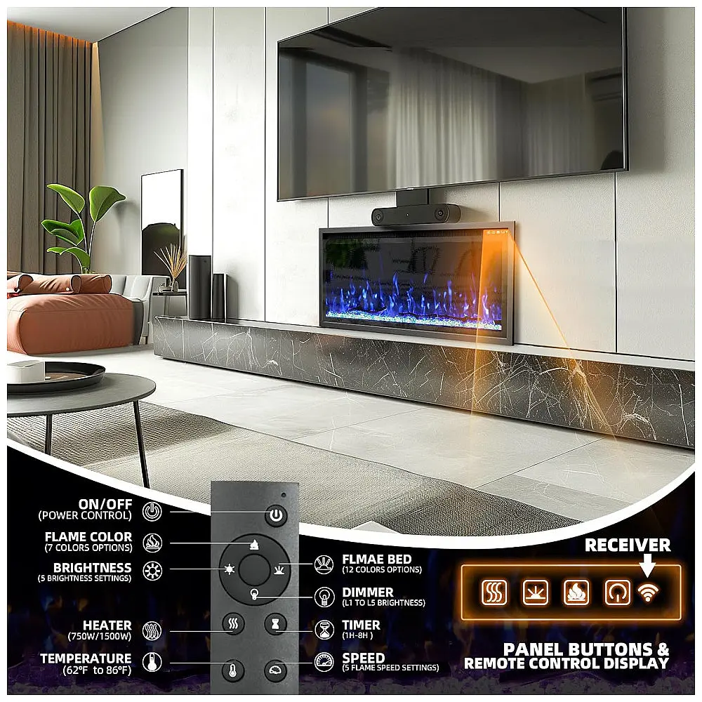 Lareira Elétrica Kucreiheat 107x49cm 1500W Chamas LED 12 Cores Embutir 110V — foto 3