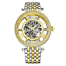 Relgio Stuhrling Delphi 3944 Automtico 38mm, Mostrador Dourado e Pulseira de Ao Inoxidvel Prateada com Fivela Dourada