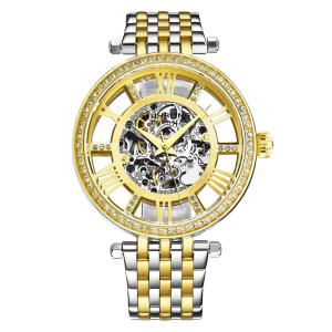 Relgio Stuhrling Delphi 3944 Automtico 38mm, Mostrador Dourado e Pulseira de Ao Inoxidvel Prateada com Fivela Dourada
