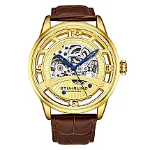 Relgio Automtico Stuhrling Dauphine 3974, Mostrador Amarelo, Ponteiros Azuis, Pulseira de Couro Marrom 48mm