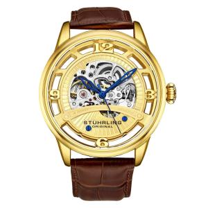 Relgio Automtico Stuhrling Dauphine 3974, Mostrador Amarelo, Ponteiros Azuis, Pulseira de Couro Marrom 48mm