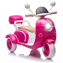 Moto Elétrica Infantil 2 Lugares Okybaby Rosa, 12V, 3 Rodas Duplo Motor Bluetooth USB Painel LED 3 Velocidades Suspensão Baú