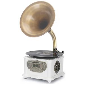 Gramofone Toca Discos Retrô com Entrada USB, AUX, Rádio FM, Bluetooth e CD, MEAGEAL, Branco