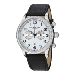 Relógio Velo 482 com cronógrafo, mostrador branco e pulseira de couro preta e prata e fivela tang. Stuhrling