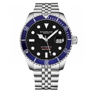 Relógio Automático Stuhrling Depthmaster 44mm, Mostrador Preto e Moldura Azul, Resistente e Estiloso