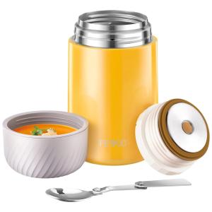 Frasco Térmico para Alimentos 800 ml com Vedação a Vácuo e Colher Dobrável Aço Inoxidável, FEWOO, Amarelo