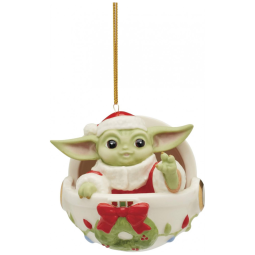 Enfeite de Natal Lenox Grogu Holiday Hover Pram em Porcelana Verde com Cordão Dourado, 7,6 x 7,6 x 7,95 cm