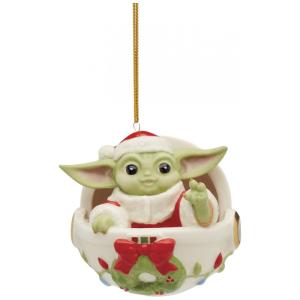 Enfeite de Natal Lenox Grogu Holiday Hover Pram em Porcelana Verde com Cordão Dourado, 7,6 x 7,6 x 7,95 cm