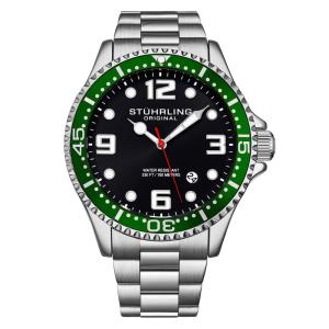 Relgio Regatta Champion 4006 com mostrador preto de 44mm, pulseira de ao inoxidvel prateada e fivela de implantao - Stuhrling.