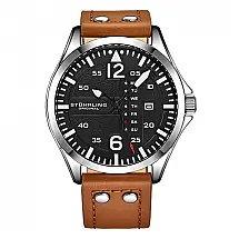 Relógio Stuhrling Aeronaut 3916 Aviador 43mm Mostrador Preto, Pulseira Couro Marrom, Fivela Prata Tang