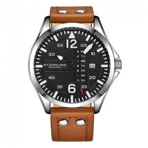 Relógio Stuhrling Aeronaut 3916 Aviador 43mm Mostrador Preto, Pulseira Couro Marrom, Fivela Prata Tang
