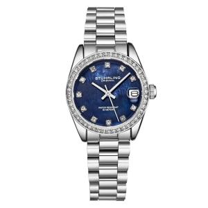 Relgio Masculino Stuhrling Lineage 3936 com Mostrador Azul e Pulseira de Ao Inoxidvel Prateada de 31mm.