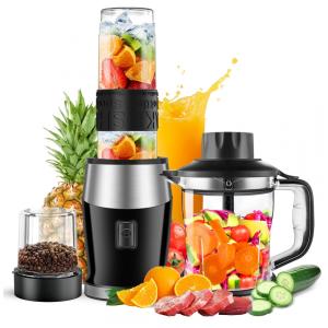 Liquidificador e Processador de Alimentos 2 em 1 com 4 Lâminas Afiadas de Aço Inoxidável, 110V 700W, Goelunmy, Preto