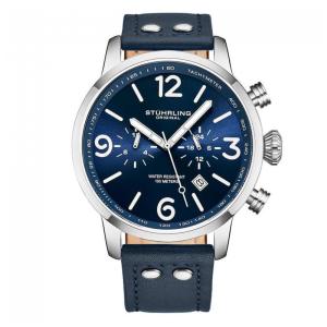 Relógio Stuhrling Aviador 45mm Mostrador Azul Pulseira Couro Azul Fivela Prata Elegante