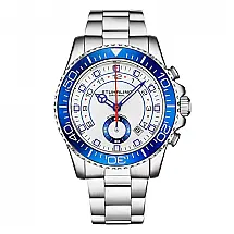 Relógio Masculino Stuhrling Brigadeiro 3966, Moldura Azul, Mostrador Branco, Pulseira Aço Inoxidável 20cm