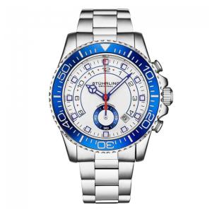 Relógio Masculino Stuhrling Brigadeiro 3966, Moldura Azul, Mostrador Branco, Pulseira Aço Inoxidável 20cm