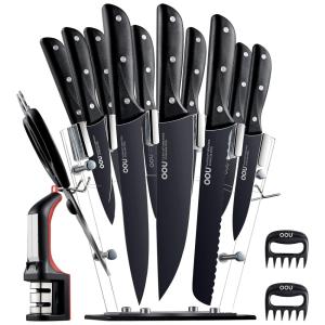 Conjunto de Facas em Aço Inoxidável com Bloco de Bancada em Acrílico, 15 Peças, OOU, Preto