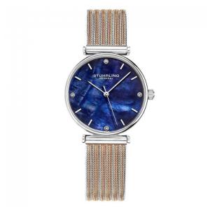 Relógio Stuhrling Cambria 32mm Azul Clássico com Pulseira de Aço Inoxidável Rosê e Fivela Prateada