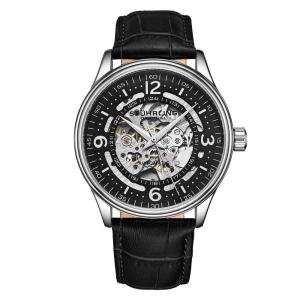 Relógio Automático Stuhrling Dinamarca 42mm Mostrador Preto Pulseira Couro Preto 20cm