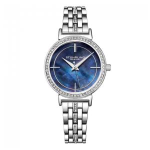 Relógio Stuhrling 33mm Mostrador Azul Clássico Pulseira Aço Inoxidável Prateada Fivela Implantação