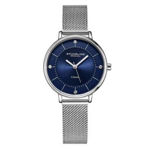 Relgio Stuhrling Almasi 3948 com mostrador azul clssico, pulseira de ao inoxidvel prateada e fivela dobrvel em prata - 34mm