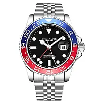 Relógio Stuhrling Meridian 3968 GMT 42 mm, Mostrador Preto, Pulseira Aço Inoxidável Prateada com Fivela Deployant