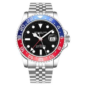 Relógio Stuhrling Meridian 3968 GMT 42 mm, Mostrador Preto, Pulseira Aço Inoxidável Prateada com Fivela Deployant