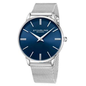 Relógio Stuhrling Preston 3998 42mm com Moldura Prateada, Mostrador Azul e Pulseira de Malha de Prata Deployant.