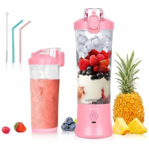 Liquidificador Portátil 590mL com Canudo de Silicone e Garrafa, 240W, VKYOZVA, Rosa
