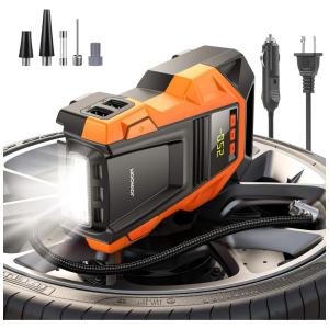 Mini Compressor de Ar Elétrico Automotivo Portátil 12V, 150 PSI com Manômetro Digital Luz LED, 110v, JOYROOM 3666, Laranja