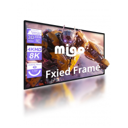 Tela de projeção fixa 266x149cm MIGO branca ganho 2.0 16:9 moldura alumínio veludo parede