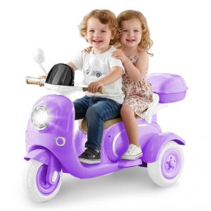 Moto Elétrica Infantil HEIMILI 12V Roxo 3 Rodas 2 Lugares com Bluetooth, MP3, Baú e Estabilidade