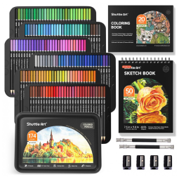Conjunto de Lápis de Cor Profissional com 174 Cores, Shuttle Art - Ideal para Colorir e Desenhar - Inclui Livro de Colorir e Bloco de
