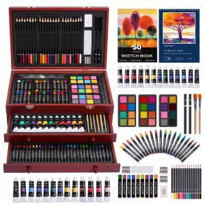 Kit Lápis de Cor Profissional Art 101 USA com Maleta de Madeira 175 peças Tintas Acrílicas, Aquarela, Marrom