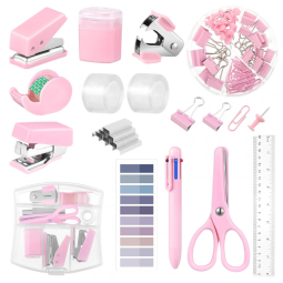 Kit mini escritório auroray rosa com grampeador, furador, dispenser de fita, clips e bloco de notas