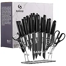Conjunto de Facas em Aço Inoxidável com Bloco de Bancada, 15 Peças, SANHUI, Prata