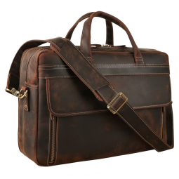 Bolsa Carteiro Masculina de Couro Bovino de Flor Integral para Laptop com 17 Polegadas, TIDING, Marrom Escuro