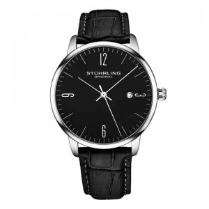 Relógio Stuhrling Classic 40mm Masculino Preto Couro Preto Caixa Prata Elegante e Clássico