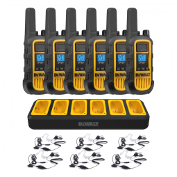Kit 6 Rádio Walkie Talkie 2W Bidirecionais com 6 Fones de Ouvido e Carregador de Grupo, DEWALT DXFRS800