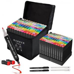 Conjunto de Canetas Artisticas 120 Cores de Ponta Dupla com Estojo e Suportes Branços, Banral