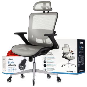 Oline ErgoMax Cadeira de Escritório Ergonômica Giratória com Apoio de Braços 4D e Suporte Lombar Ajustável, Cinza Claro