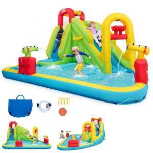 Parque Aquático Inflável até 160 kg com Escorregador, 2 Canhões de Água e Escalada em Parede, BOUNTECH, Colorido