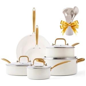 Jogo de Panelas e Frigideiras Antiaderentes em Cerâmica com Utensílios, 14 Peças, VONIKI, Branco