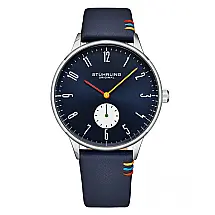 Relógio Masculino Stuhrling 42mm Clássico Azul Marinho e Prata com Pulseira de Couro Azul Marinho