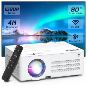 Projetor TMY com WiFi e Bluetooth - Tela de 80 polegadas incluída - Resolução Nativa 1080P - Projetor Externo com Suporte a 4K - Portátil