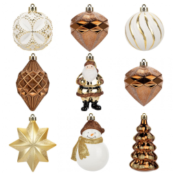 Conjunto de 9 Enfeites de Natal em Bronze para Árvore de Natal, Diversos Designs com Boneco de Neve, Papai Noel, Bolas Decorativas